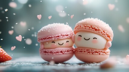 Whimsical Macaron Kiss for International Kissing Day - Strawberry & Matcha Characters with Fondant Arms in Pastel Food Art Photography