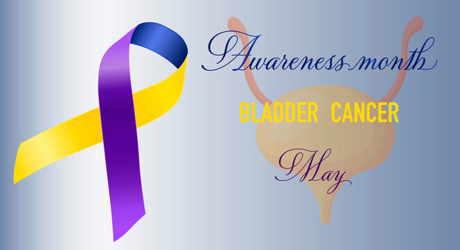 Bladder Cancer Awareness Month is celebrated each year in May. Blue and yellow ribbon and bladder icon on gradient blue background. Poster