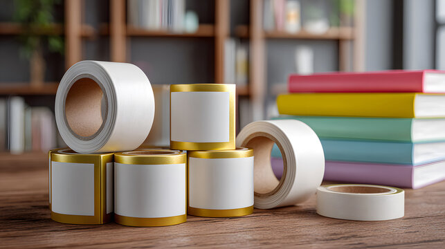 White sticker rolls with gold trim and blank labels