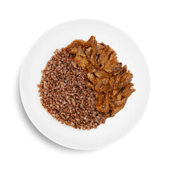 A white plate topped with rice and savory meat on a white background