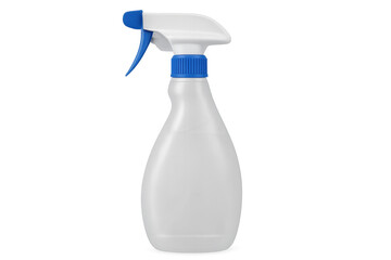 White plastic spray bottle with blue trigger and cap on transparent background