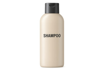 Beige shampoo bottle with black flip-top cap on transparent background