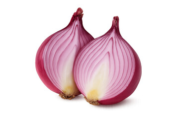Two halves of red onion showing concentric circles on transparent background