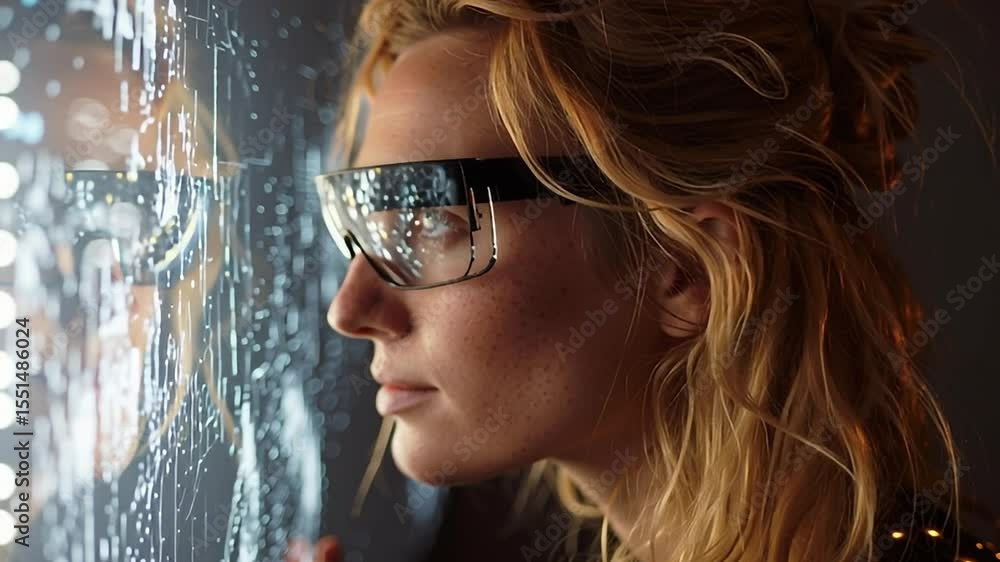 Poster woman using augmented reality glasses to interact with digital display