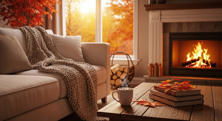 living room with fireplace in autumn