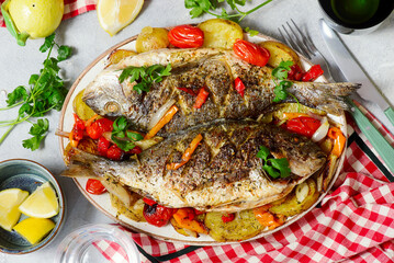 Baked Dorado with Vegetables, Potatoes, Sweet Peppers, Cherry Tomatoes, Onions and Garli..top veiw