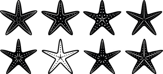 Fototapeta premium Collection of eight black starfish with different patterns isolated on white background