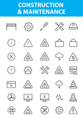 Construction and Maintenance Line Icons – Tools, Hard Hat, Crane, Wrench, Barrier, Gear, Tape Measure, Safety, and More,  Editable Formats: AI, EPS, JPG, PNG, Ideal for Both Digital and Print Use