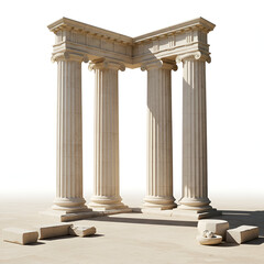 Ancient stone columns forming a corner structure in a desert setting. Architectural pillars stand in a sunlit, open-air space with a sandy floor.