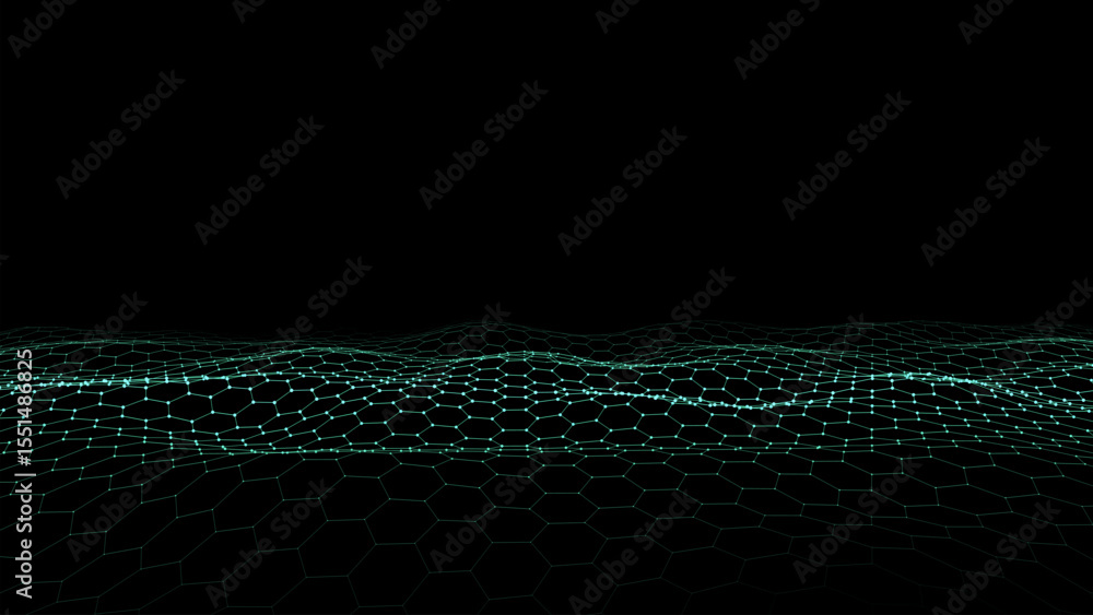 Poster futuristic vector hexagon wave. dark cyberspace. abstract wave with dots and line. green moving part