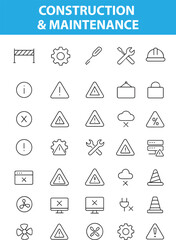 Construction and Maintenance Line Icons – Tools, Hard Hat, Crane, Wrench, Barrier, Gear, Tape Measure, Safety, and More,  Editable Formats: AI, EPS, JPG, PNG, Ideal for Both Digital and Print Use