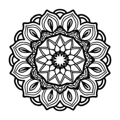 Detailed Circular Mandala Design with Petal and Geometric Layers – Black and White Ornamental Floral Art for Coloring Books, Tattoos, Mehndi, Yoga, and Spiritual Decor