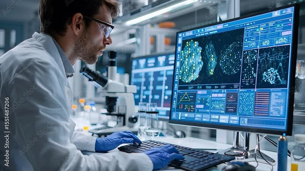 Aufkleber researcher analyzing data on computer screens in laboratory setting