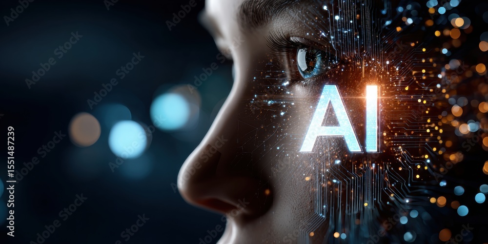 Aufkleber close up of a person's face with ai overlay and bokeh lights in the background