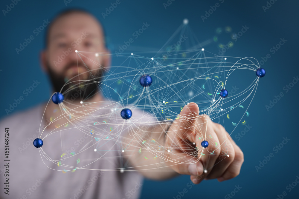 Aufkleber A man interacts with a holographic network, showcasing connection and data visualization.