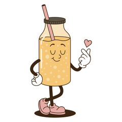 Retro groovy lemonade with a straw character doing Finger Heart Gesture