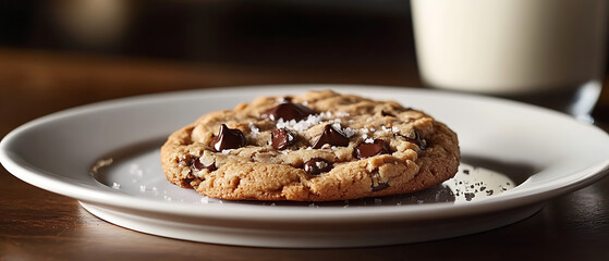 Warm Chocolate Chip Cookie with Sea Salt on a White Plate