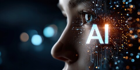 Close up of a person's face with ai overlay and bokeh lights in the background