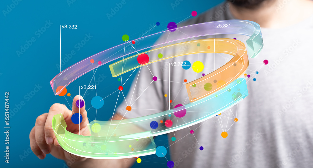 Poster Abstract image of a person interacting with a 3D data visualization.  Ideal for technology, analytics, and network concepts.