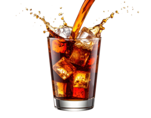 A glass filled with ice cubes is being filled with a dark, fizzy carbonated beverage, creating a splash at the top.