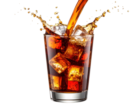 A glass filled with ice cubes is being filled with a dark, fizzy carbonated beverage, creating a splash at the top.