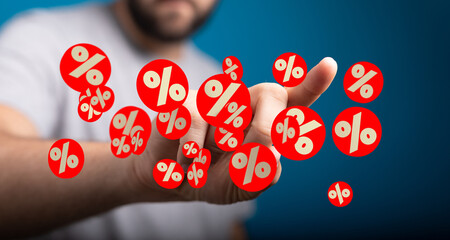 Image depicting a person interacting with floating percentage symbols, ideal for discount, sale,...