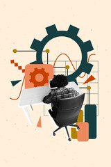 Sketch template design 3D photo collage composite of young man sit table work computer gear...