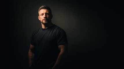 Naklejka premium Confident Man in Dark T-Shirt Against a Dramatic Background