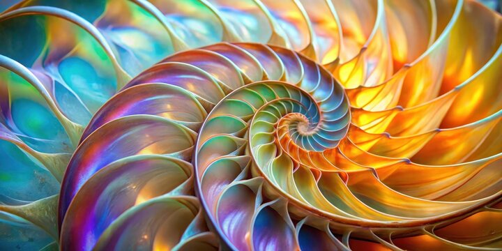Intricate swirling patterns on a nautilus shell surface , nautilus shell, colorful