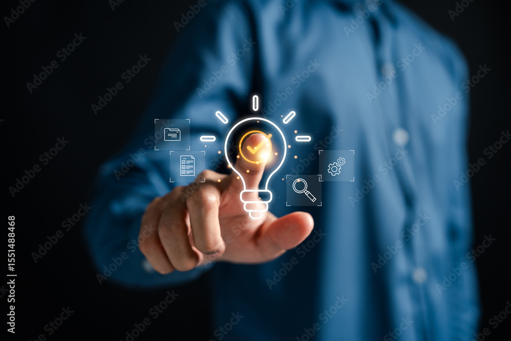 Aufkleber quick tip of businessman touching glowing light bulb with checklist