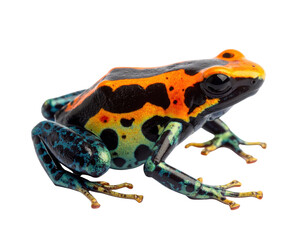Obraz premium A vibrant poison dart frog with striking orange, black, and blue-green markings and detailed textured skin.