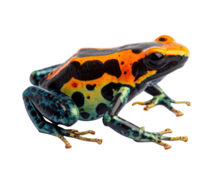 A vibrant poison dart frog with striking orange, black, and blue-green markings and detailed textured skin.