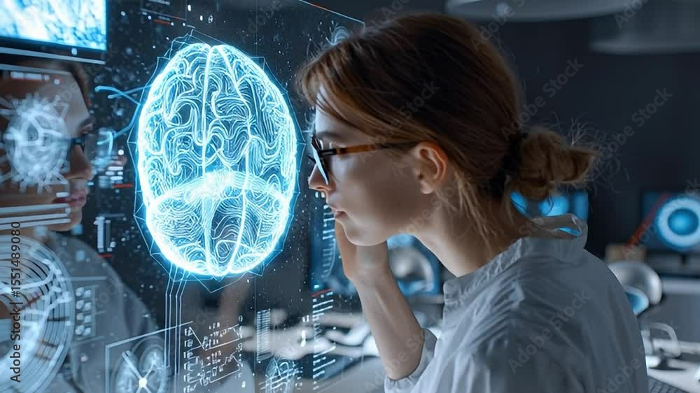 Poster scientist illustrates complex neural networks on a digital interface