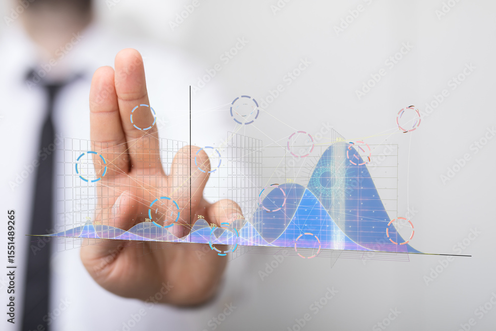 Poster Close-up of a businessman interacting with a holographic display showing various data graphs and charts.