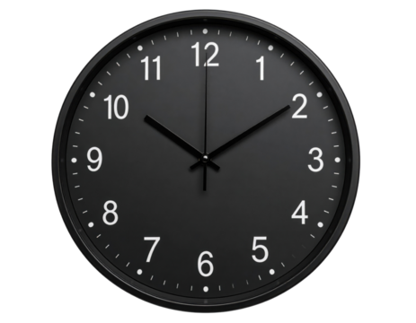 A sleek black round wall clock with white numerals and hands showing the time as 10:10:00.