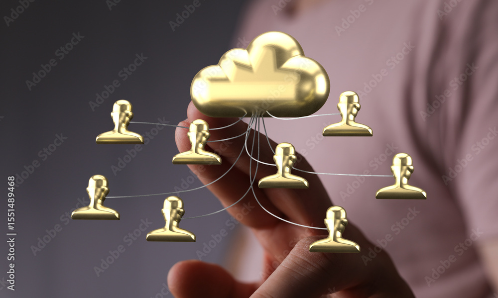 Aufkleber image depicts a golden cloud connected to multiple golden user icons, symbolizing secure cloud-based