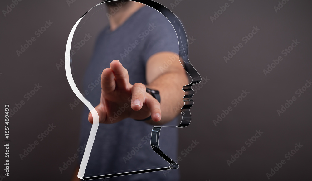 Poster abstract image depicting a man interacting with a transparent head, symbolizing mind control, though