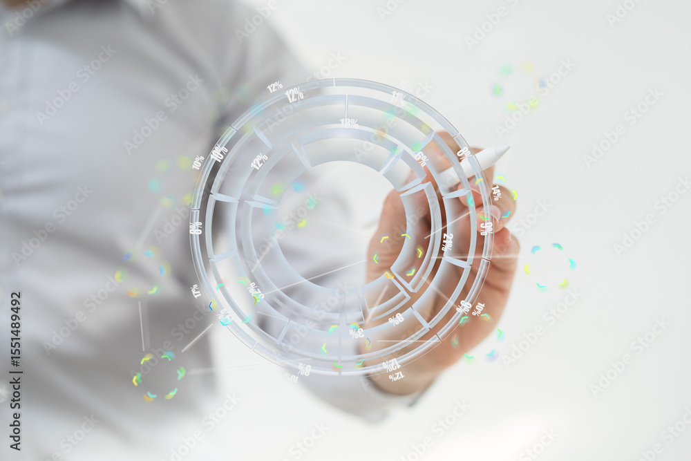 Poster Stock photo of a person interacting with a holographic data visualization interface.