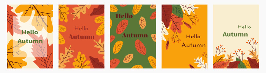 Obraz premium Beautiful autumn cards. Set of autumn cards with falling leaves. Hello autumn, set of autumn card designs with colorful leaves. Vector illustration for printing, background and design.