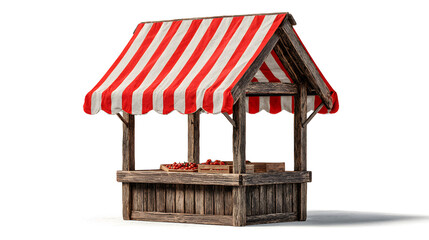 Wooden market stall with red and white striped awning and fruit