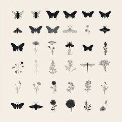 Obraz premium A collection of butterflies and flowers in black and white. The butterflies are of various sizes