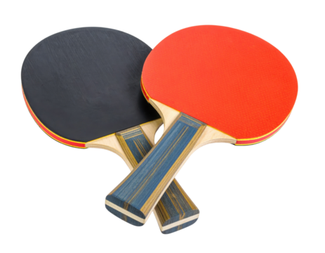 Two table tennis paddles with one side red and the other black, featuring wooden handles with blue and yellow stripes.