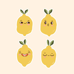 Cute fruit Lemon Character Design set, Lemon Icon Illustration