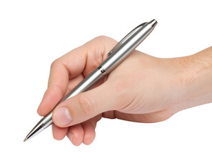 A hand holding a metallic silver pen poised to write, showing a close-up of fingers gripping the pen with precision.