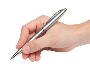 A hand holding a metallic silver pen poised to write, showing a close-up of fingers gripping the pen with precision.