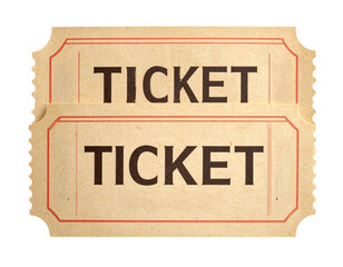 Two vintage-style beige paper tickets with red borders and the word "TICKET" printed in bold black letters.