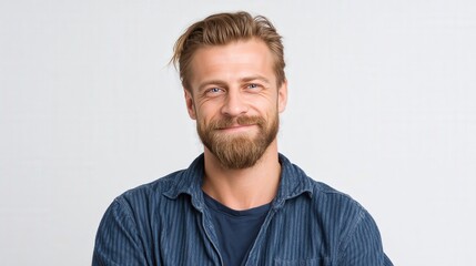 Fototapeta premium Confident Young Man with Beard Smiling Against a Neutral Background