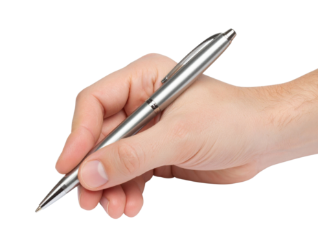 A hand holding a metallic silver pen poised to write, showing a close-up of fingers gripping the pen with precision.