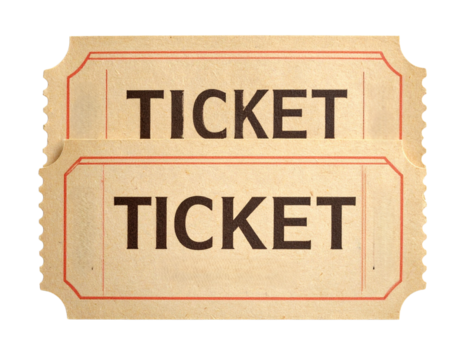 Two vintage-style beige paper tickets with red borders and the word "TICKET" printed in bold black letters.