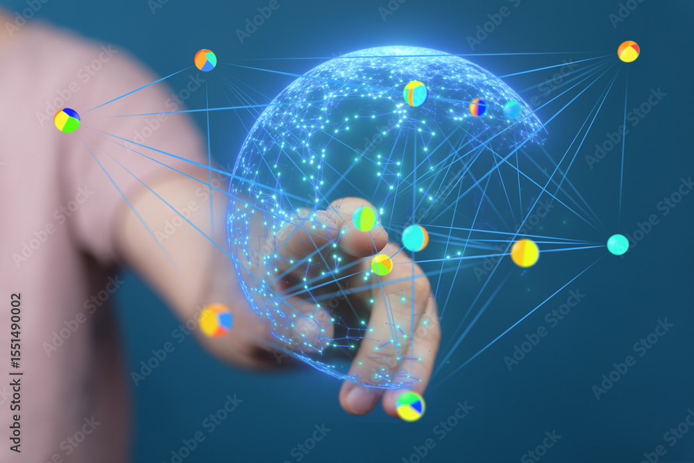 Poster Abstract image of hand interacting with a digital global network.  Perfect for tech, data, and connectivity concepts.